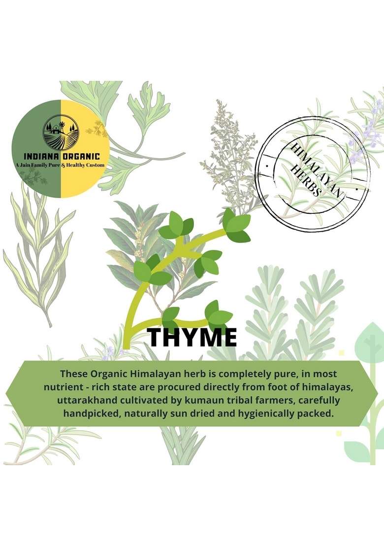 INDIANA ORGANIC Thyme herb Dry Whole Leaves - 40 Gm | 100% Natural No Artificial Colour Flavour added gram (Pack of 1) - Indya