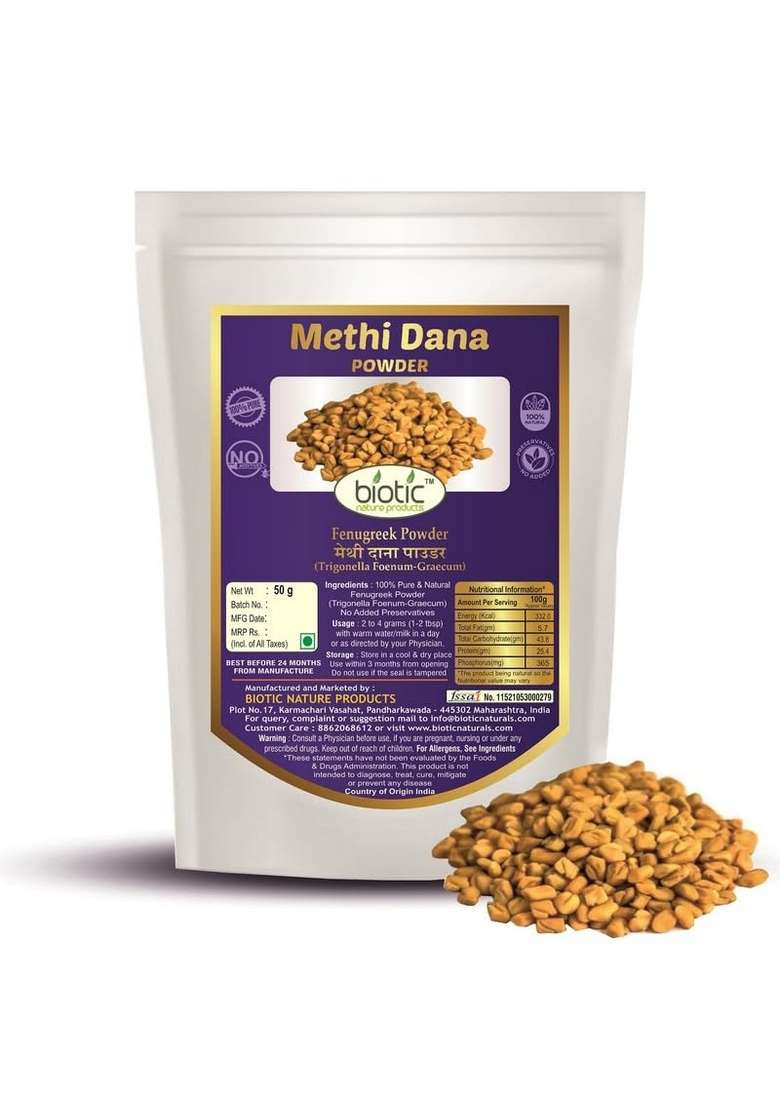 Biotic Natural Methi Dana Powder - Fenugreek Seeds Menthulu Seed 50gm for Hair and Eating - Indya