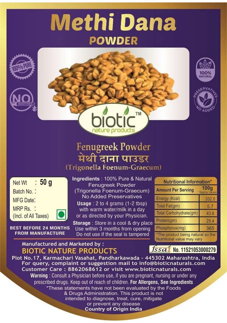Biotic Natural Methi Dana Powder - Fenugreek Seeds Menthulu Seed 50gm for Hair and Eating - Indya