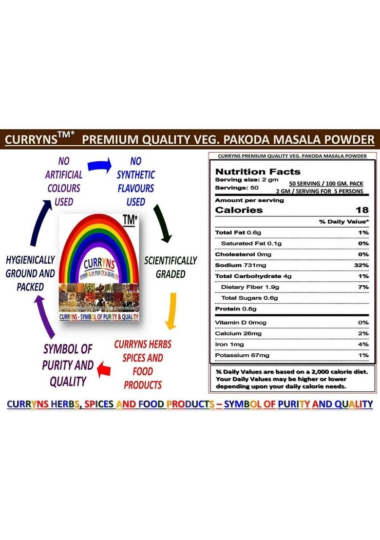 CURRYNS Veg Pakoda Masala Powder | Spices with Natural Oils |/100% Natural/ No artificial colours/ preservatives/Best Choice of Chefs/ Perfect for Cooking/ Ready to Use/ added Flavours/ Rich Aroma And Strong Flavours/Best Kitchen Companion (100 gm)