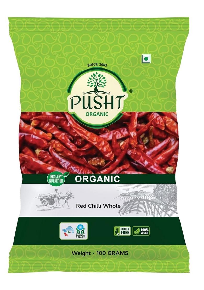 PUSHT ORGANIC Red Chilli Whole (Sabut Lal Mirch) | 100% Pure & Natural Bold Flavor Color Unpolished Sun-Dried 100g