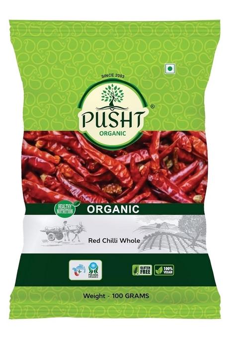 PUSHT ORGANIC Red Chilli Whole (Sabut Lal Mirch) | 100% Pure & Natural Bold Flavor Color Unpolished Sun-Dried 100g