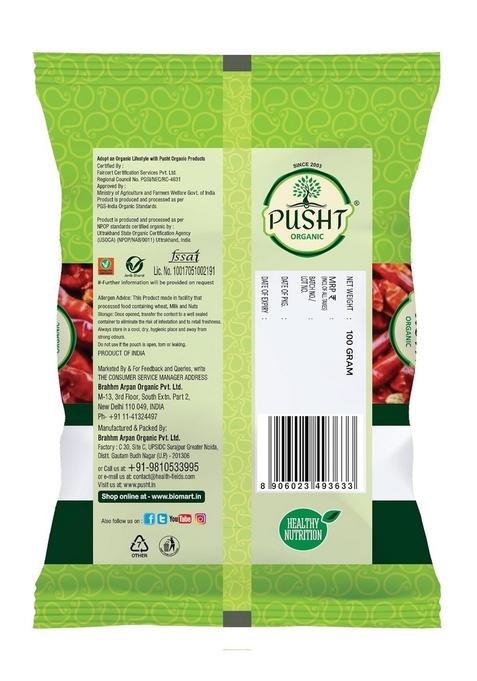 PUSHT ORGANIC Red Chilli Whole (Sabut Lal Mirch) | 100% Pure & Natural Bold Flavor Color Unpolished Sun-Dried 100g