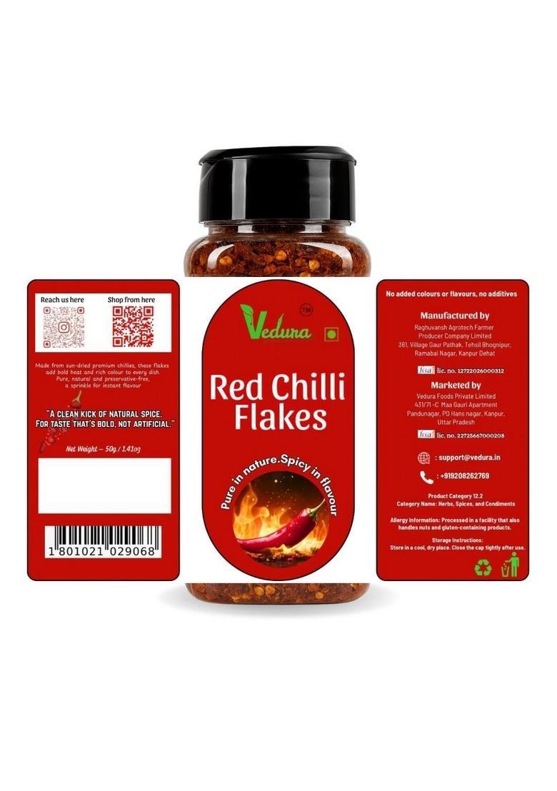 VEDURA Red Chilli Flakes, Sun-Dried Spice, Natural Earthy Flavour, No Additives or Colours, 50g