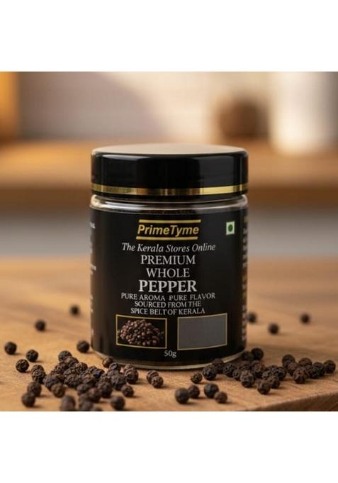 PrimeTyme Premium Whole Pepper, Sourced from Kerala Spice Belt | Black Peppercorns for Grinder & Cooking Fresh Aroma Food Grade Packaging (50g)