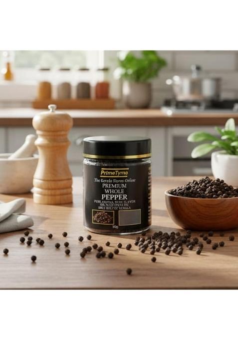PrimeTyme Premium Whole Pepper, Sourced from Kerala Spice Belt | Black Peppercorns for Grinder & Cooking Fresh Aroma Food Grade Packaging (50g)