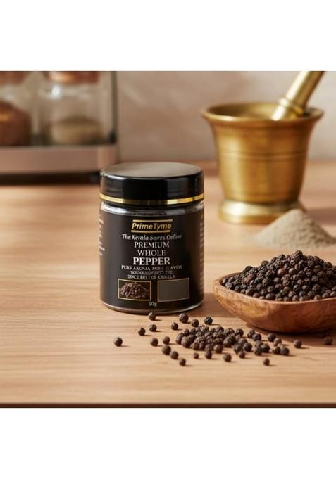 PrimeTyme Premium Whole Pepper, Sourced from Kerala Spice Belt | Black Peppercorns for Grinder & Cooking Fresh Aroma Food Grade Packaging (50g)