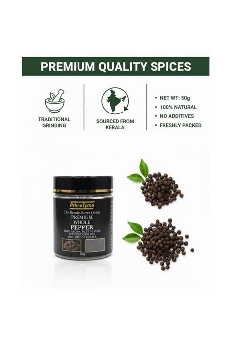 PrimeTyme Premium Whole Pepper, Sourced from Kerala Spice Belt | Black Peppercorns for Grinder & Cooking Fresh Aroma Food Grade Packaging (50g)