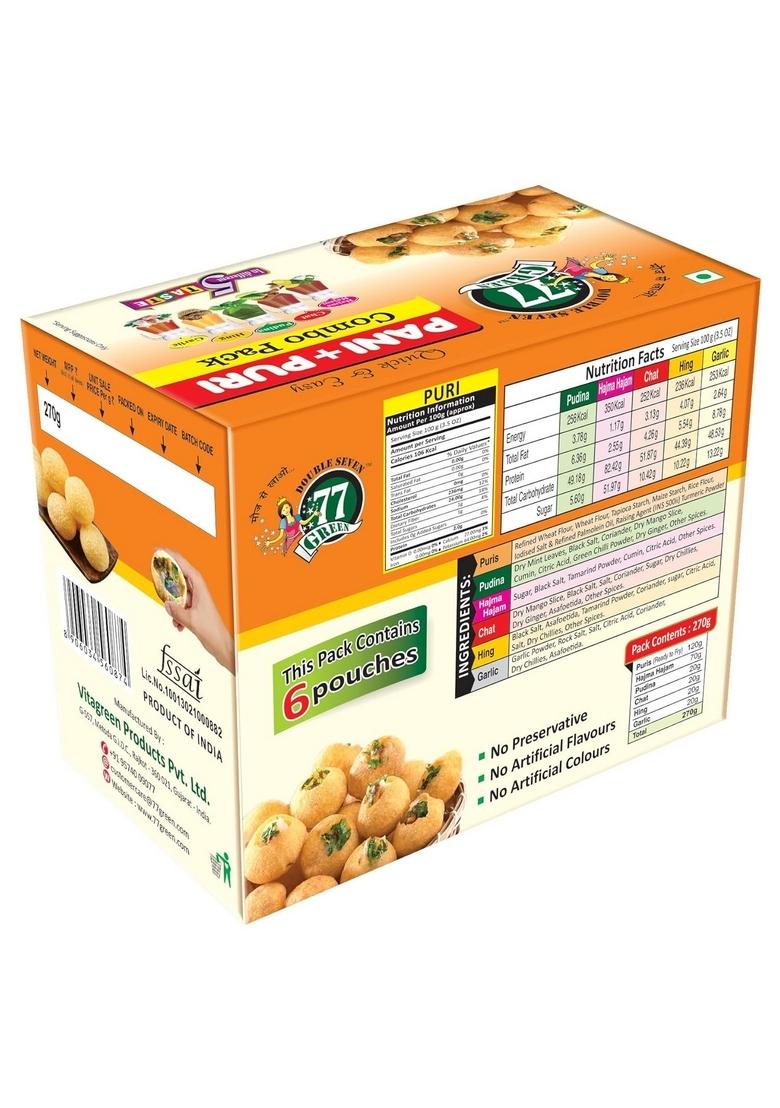 77Green 77 Green Pani Puri Combo Pack Ready-to-Fry Crispy Golgappa Shells with Instant Spiced Mix | Street-Style Indian Chaat Snack Party Appetizer No Added Colors or Preservatives