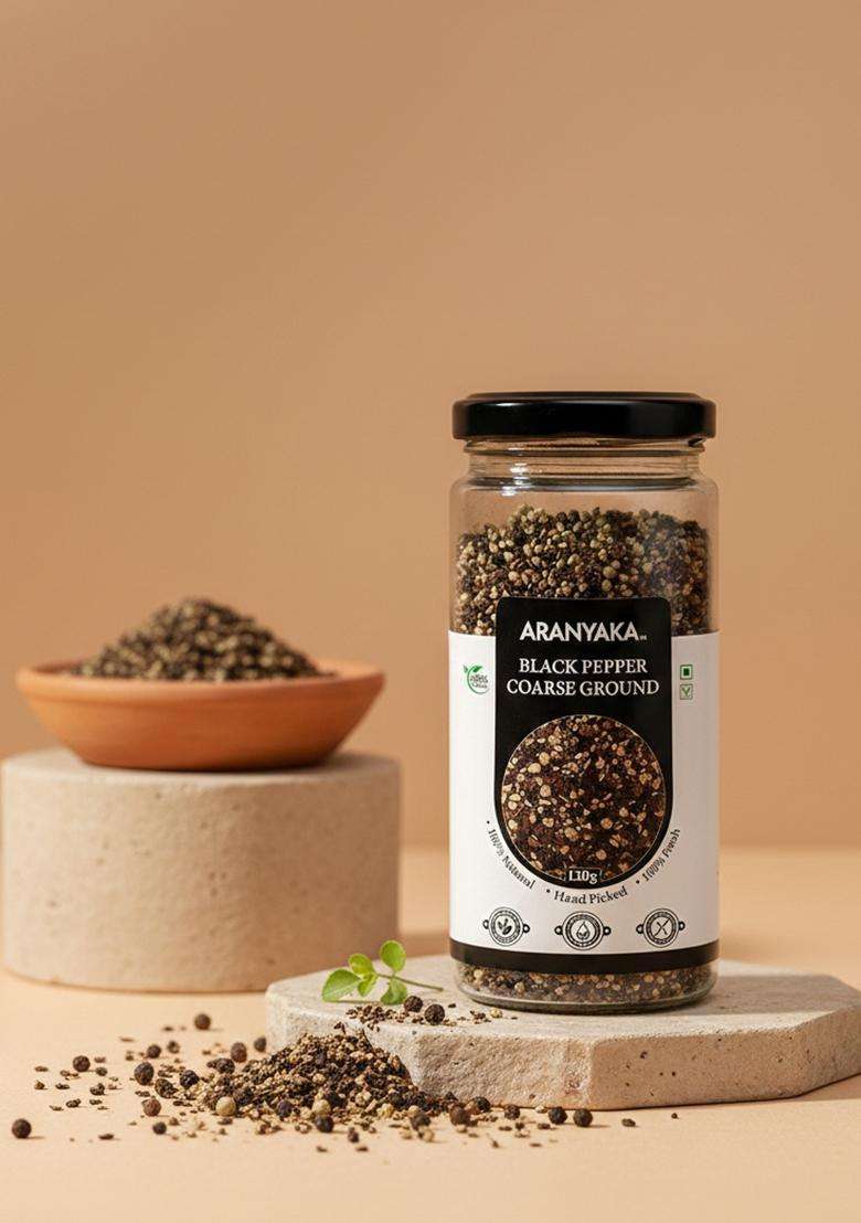 Aranyaka Kolli Hills Black Pepper Coarse Ground |120g | High Range Kollimalai Coarsely Peppercorns |100% Natural Origin and Pure Pesticide Free| Reusable Glass Packaging| - Indya