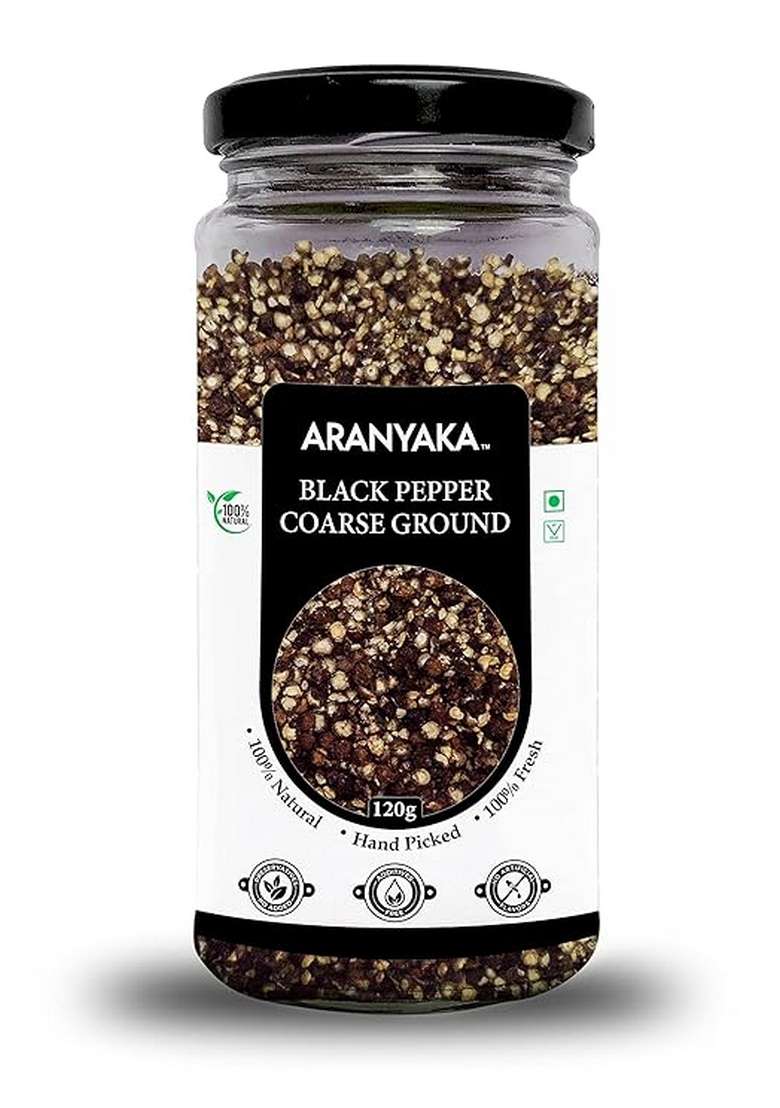 Aranyaka Kolli Hills Black Pepper Coarse Ground |120g | High Range Kollimalai Coarsely Peppercorns |100% Natural Origin and Pure Pesticide Free| Reusable Glass Packaging| - Indya