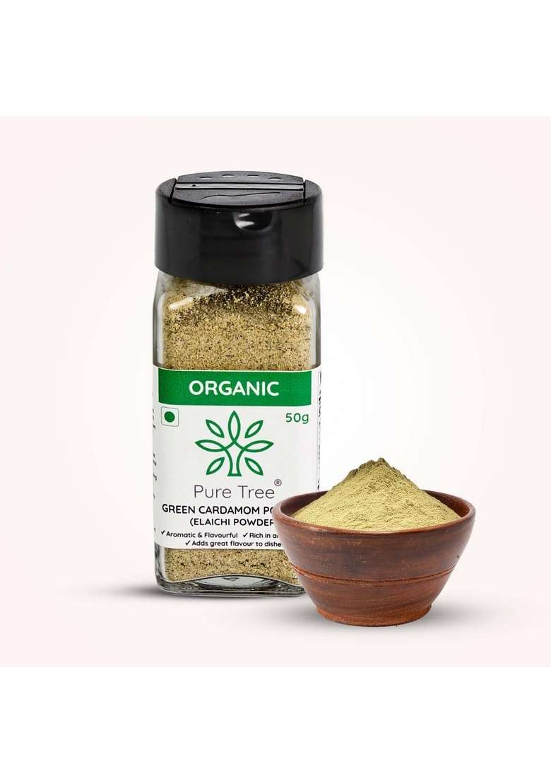 Pure Tree Certified Organic Green Cardamom Powder | 50 g Glass Jar Hari Elaichi - Indya