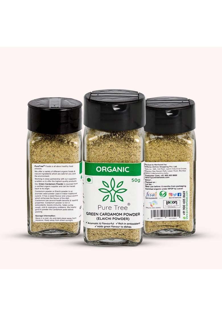Pure Tree Certified Organic Green Cardamom Powder | 50 g Glass Jar Hari Elaichi - Indya