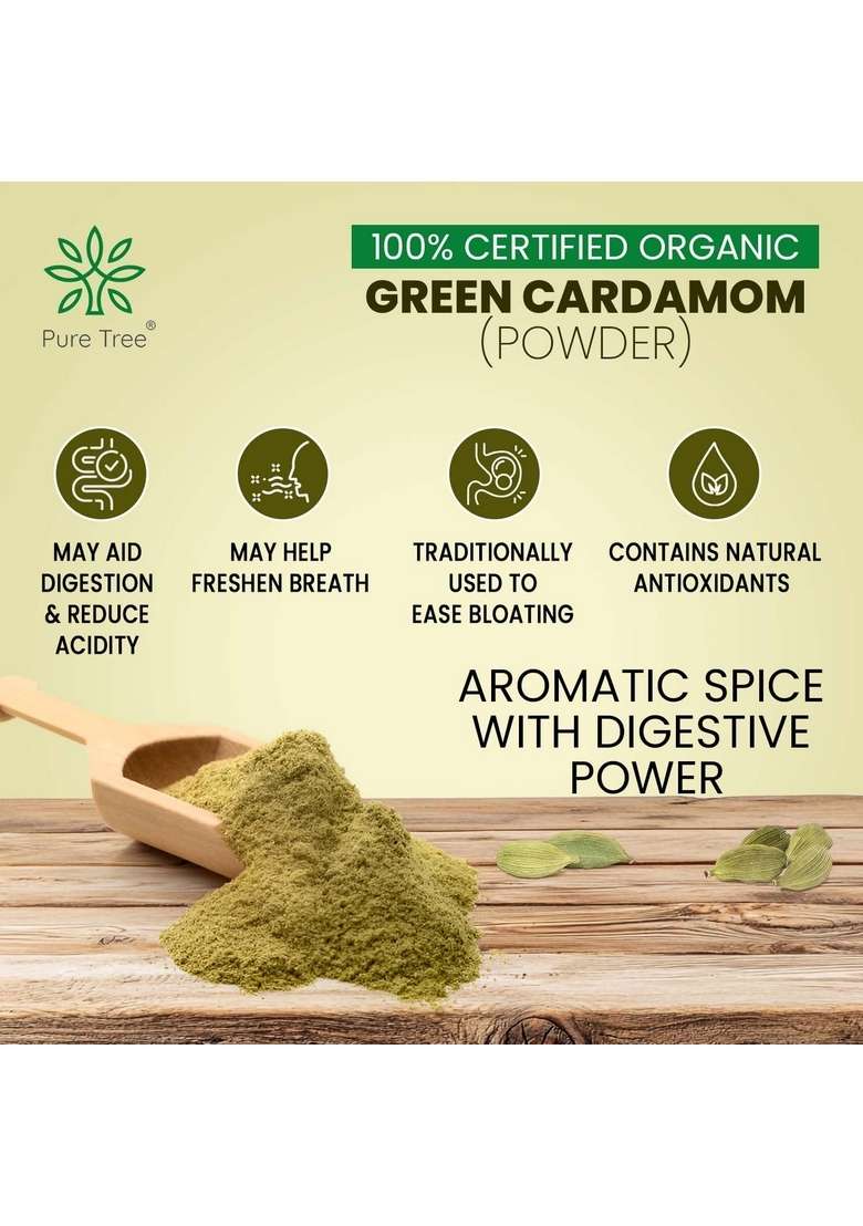 Pure Tree Certified Organic Green Cardamom Powder | 50 g Glass Jar Hari Elaichi - Indya