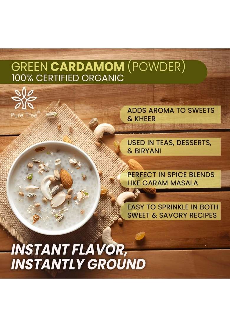 Pure Tree Certified Organic Green Cardamom Powder | 50 g Glass Jar Hari Elaichi - Indya