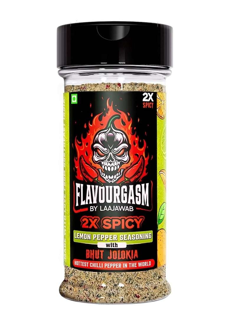 Laajawab Flavourgasm Chilli Lime Seasoning with Bhut Jolokia | 2X Spicy Lemon Pepper Masala for Fruits, Chaats, Salads, Chicken, Tacos, Grill, Snacks, Lemonade Bold Tangy Heat No MSG or Additives; 85g - Indya