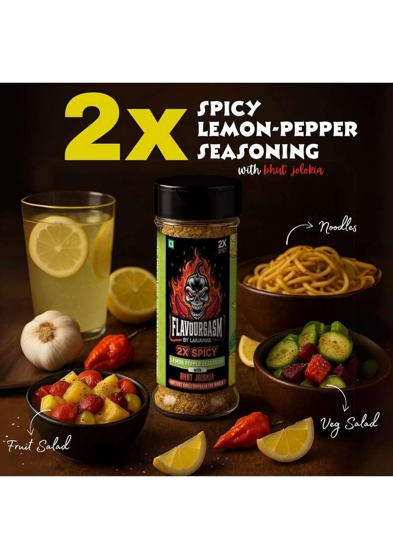 Laajawab Flavourgasm Chilli Lime Seasoning with Bhut Jolokia | 2X Spicy Lemon Pepper Masala for Fruits, Chaats, Salads, Chicken, Tacos, Grill, Snacks, Lemonade Bold Tangy Heat No MSG or Additives; 85g - Indya