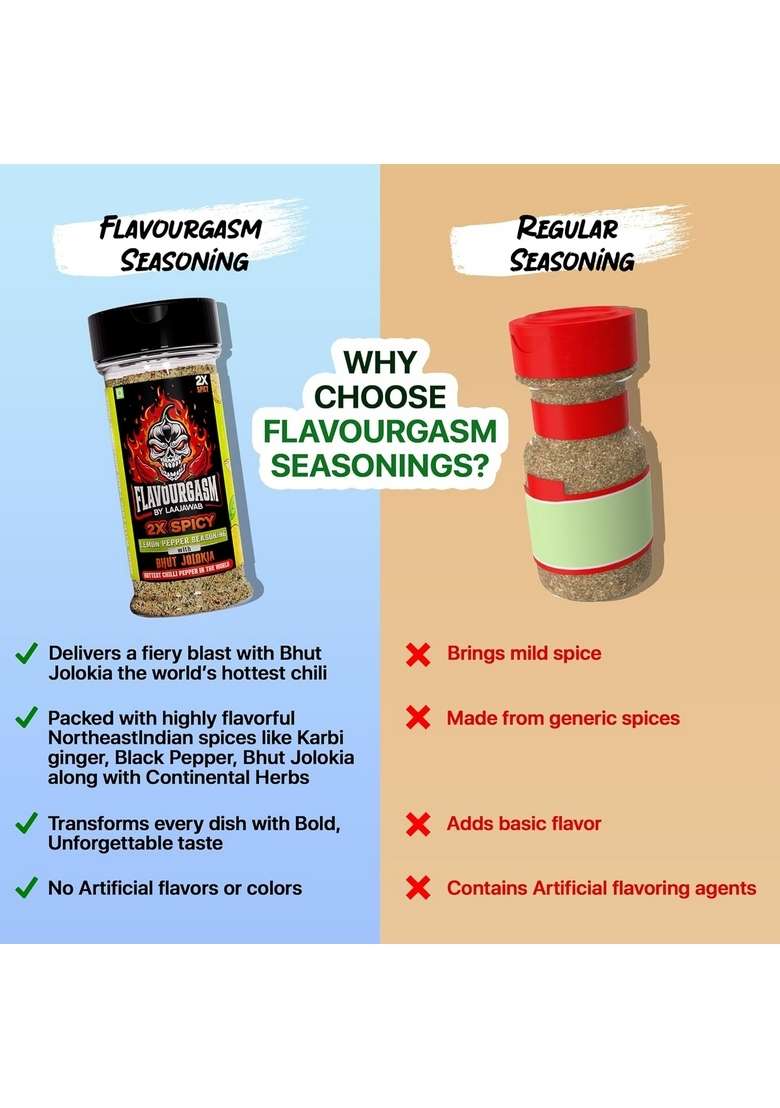 Laajawab Flavourgasm Chilli Lime Seasoning with Bhut Jolokia | 2X Spicy Lemon Pepper Masala for Fruits, Chaats, Salads, Chicken, Tacos, Grill, Snacks, Lemonade Bold Tangy Heat No MSG or Additives; 85g - Indya