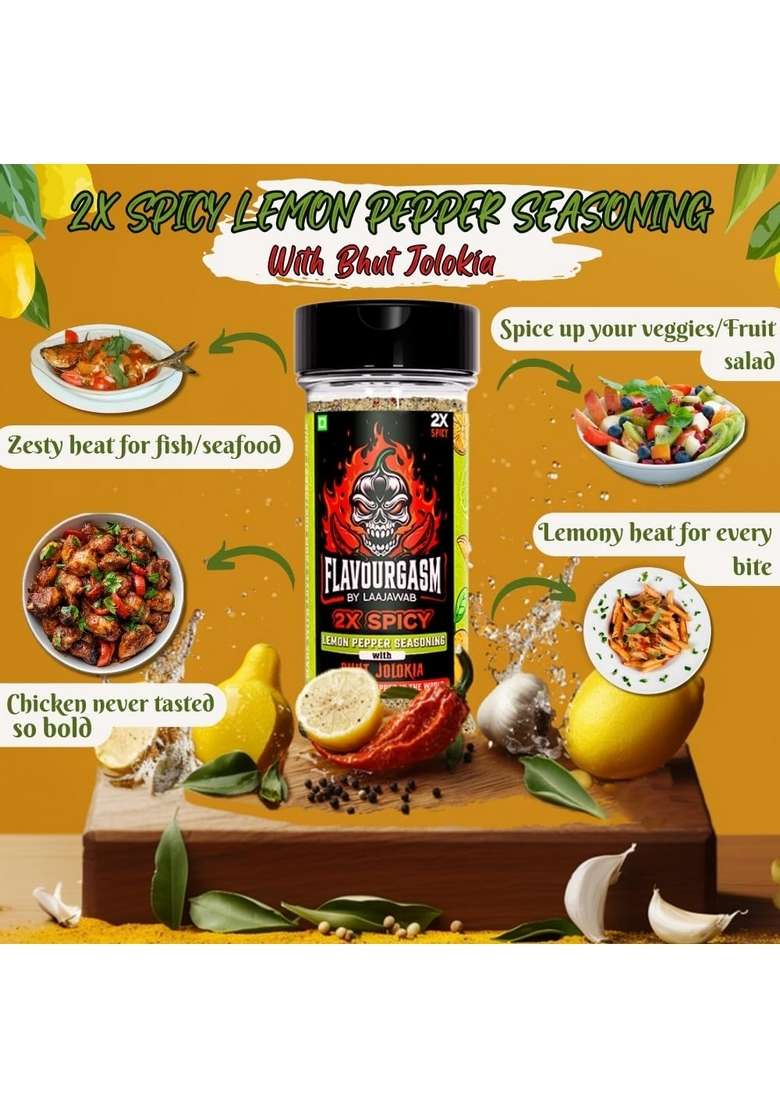 Laajawab Flavourgasm Chilli Lime Seasoning with Bhut Jolokia | 2X Spicy Lemon Pepper Masala for Fruits, Chaats, Salads, Chicken, Tacos, Grill, Snacks, Lemonade Bold Tangy Heat No MSG or Additives; 85g - Indya