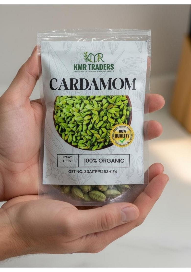 KMR TRADERS Trader Organic Whole Cardamom | Fresh & Aromatic Green Pods Strong Aroma Bold Flavor Flavored Spice for Cooking, Tea, Coffee, Desserts Ayurvedic Use (100g)