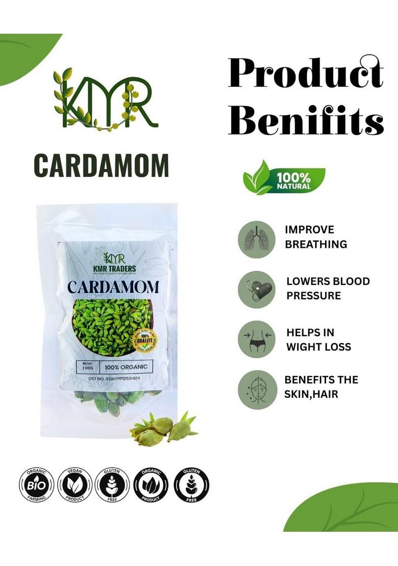 KMR TRADERS Trader Organic Whole Cardamom | Fresh & Aromatic Green Pods Strong Aroma Bold Flavor Flavored Spice for Cooking, Tea, Coffee, Desserts Ayurvedic Use (100g)