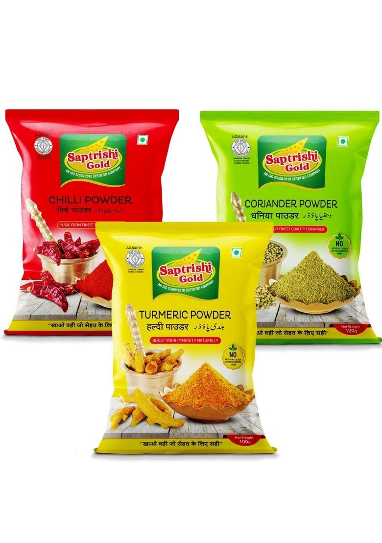 SAPTRISHI Spice Combo Haldi (Turmeric), Red Chilli & Coriander Powder | 100g Each Pure Authentic Indian Masala Pack (3 x 100g)