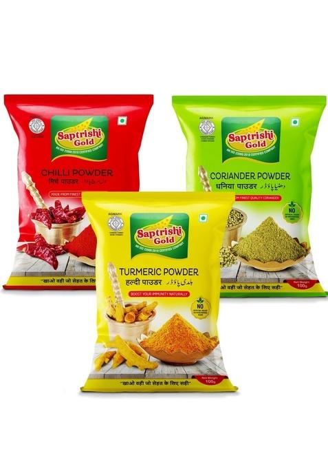 SAPTRISHI Spice Combo Haldi (Turmeric), Red Chilli & Coriander Powder | 100g Each Pure Authentic Indian Masala Pack (3 x 100g)