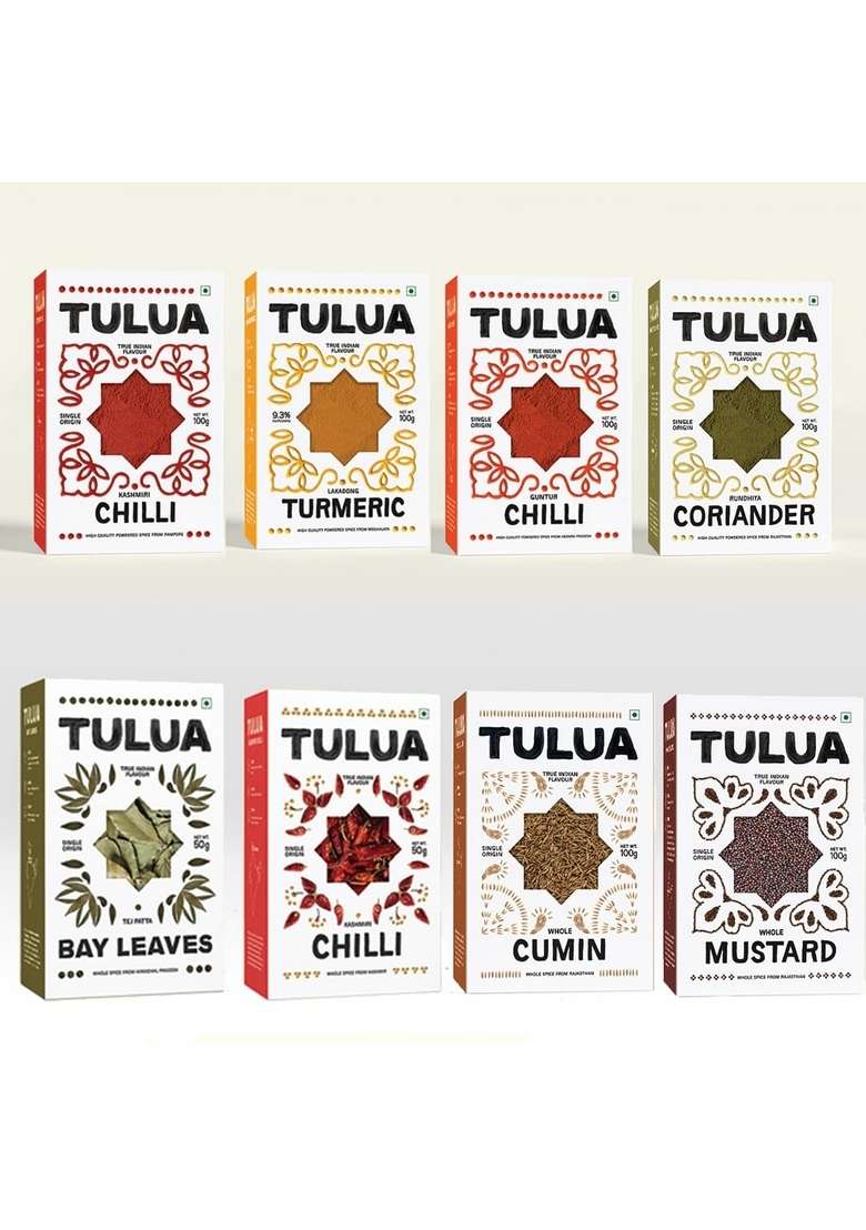 Tulua Natural & Organic All Spices Combo Pack of 8-700gm | Lakadong Turmeric, Guntur Chilli, Kashmiri Coriander Powders Cumin Seed, Bay Leaf, Black Mustard, Mirchi Whole - Indya