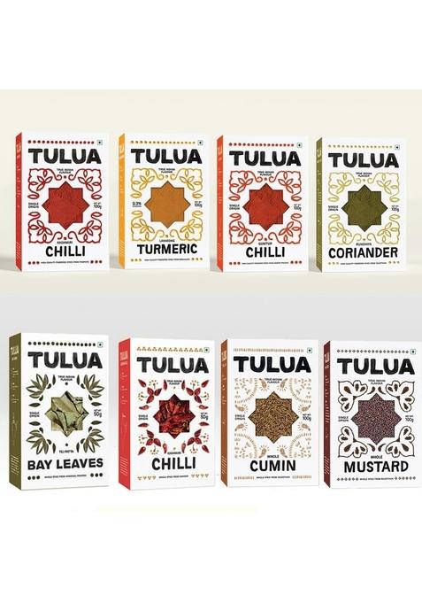 Tulua Natural & Organic All Spices Combo Pack of 8-700gm | Lakadong Turmeric, Guntur Chilli, Kashmiri Coriander Powders Cumin Seed, Bay Leaf, Black Mustard, Mirchi Whole