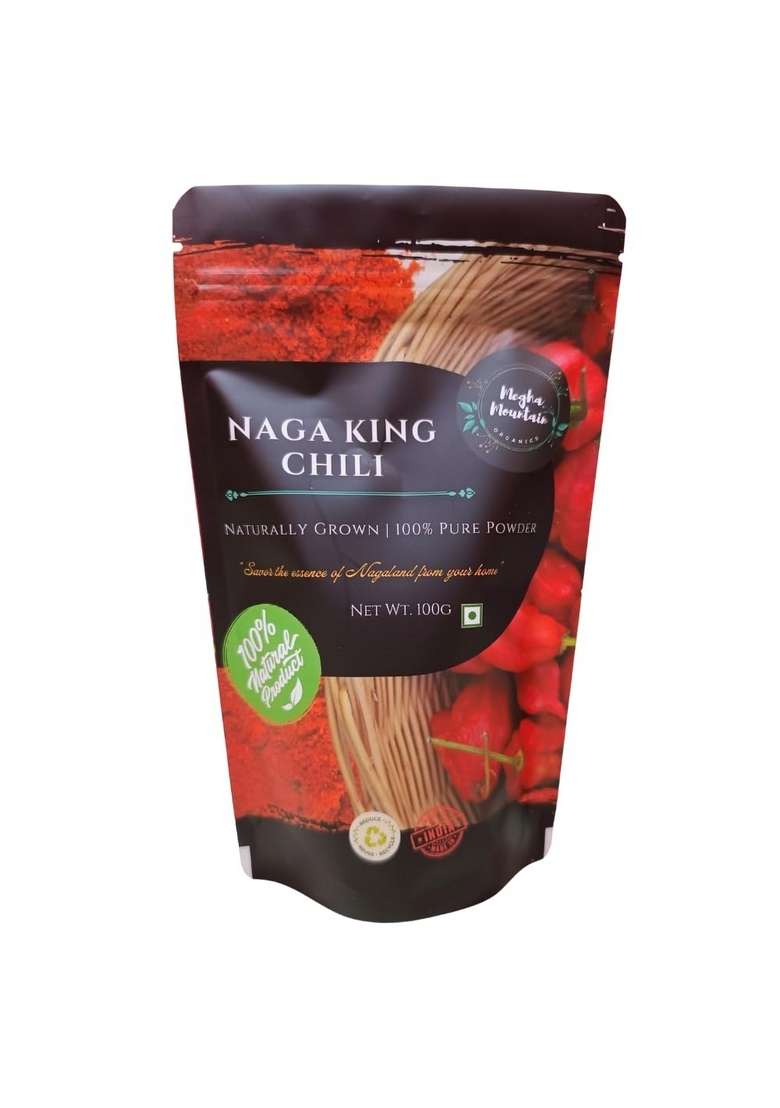 Megha Mountain Organics Naga King Chili Powder | Bhut Jolokia from Northeast India Smoked & Sun-Dried Ghost Pepper 100g Zipper Pouch - Indya