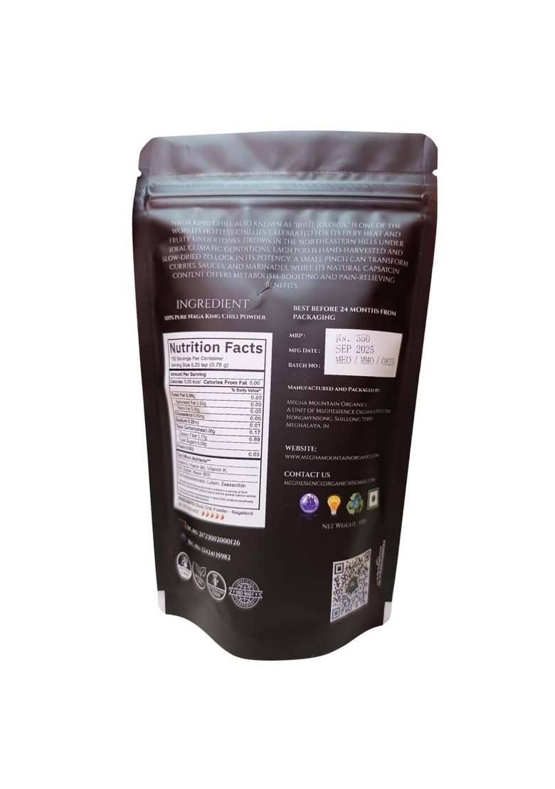 Megha Mountain Organics Naga King Chili Powder | Bhut Jolokia from Northeast India Smoked & Sun-Dried Ghost Pepper 100g Zipper Pouch - Indya