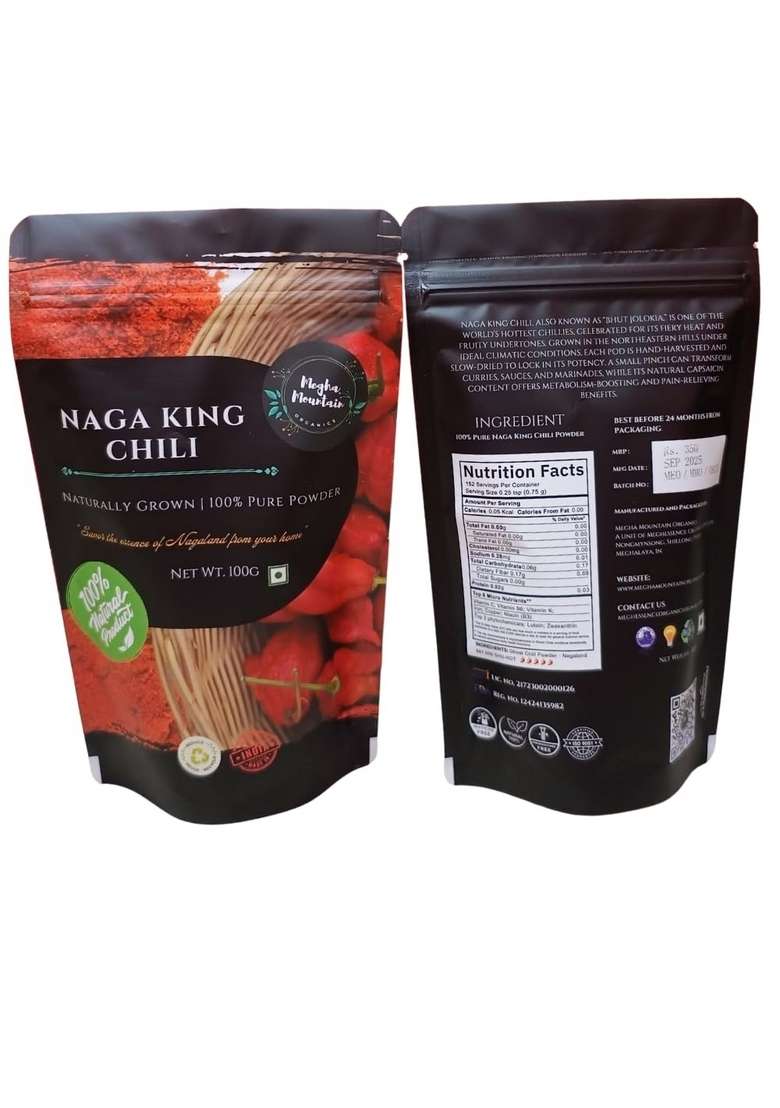 Megha Mountain Organics Naga King Chili Powder | Bhut Jolokia from Northeast India Smoked & Sun-Dried Ghost Pepper 100g Zipper Pouch - Indya