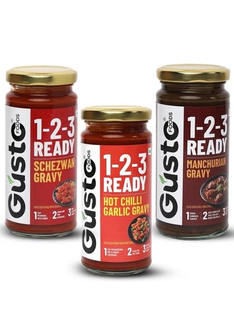 Gusto Foods Ready to Cook 3 Flavours Chinese Gravy Combo (250gm x Gravy) - Schezwan Gravy, Hot Chilli Garlic & Manchurian | Resturant like at Home in Easy Steps