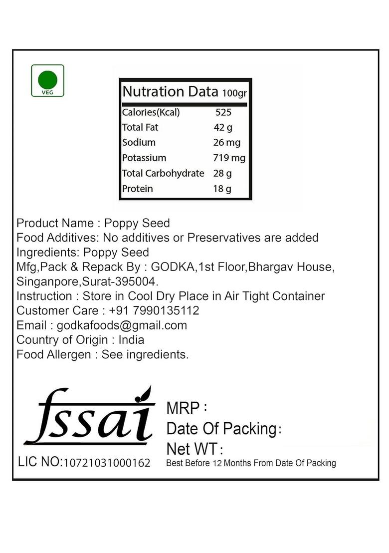 GODKA Poppy Seed(100% Natural Poppy/Gread A)/Posto/Khus Khus,900 Gram