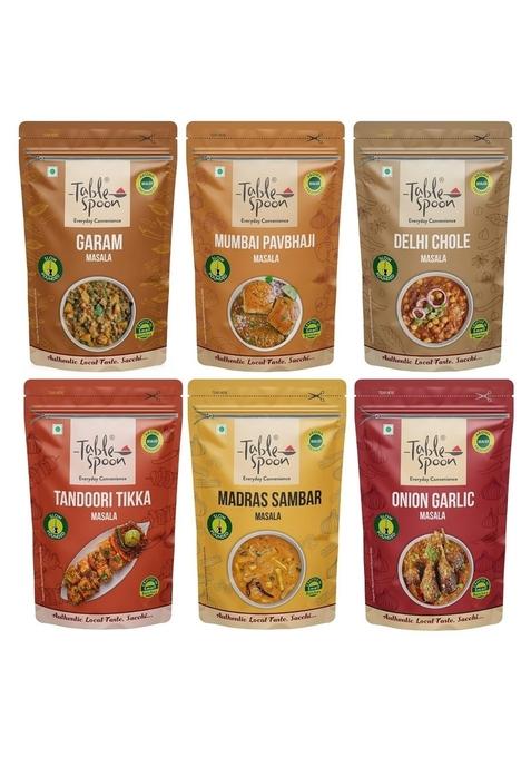 Tablespoon Indian Masala Combo 6-in-1 Garam, Pav Bhaji, Chole, Tandoori, Sambar, Onion Garlic Regional Spice Mixes, 75g Each Pouch