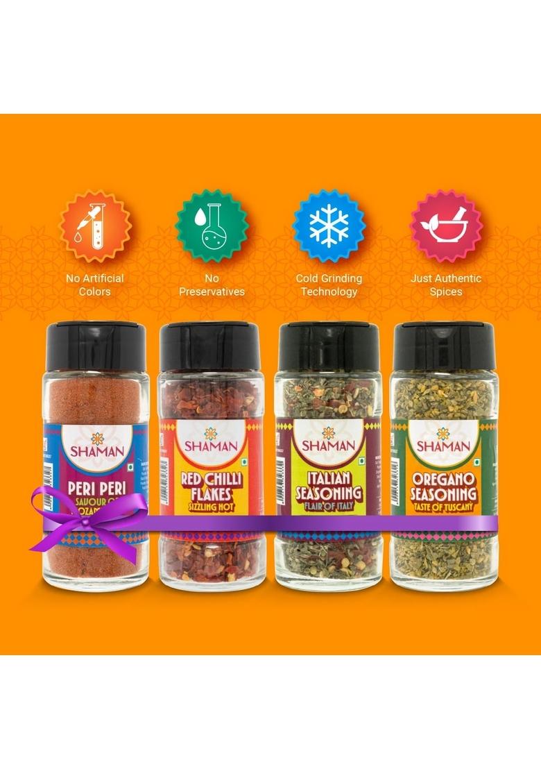 SHAMAN SPICES Continental Seasoning Combo Pack of 4 | Peri Peri, Italian Seasoning, Oregano and Chilli Flakes No Artificial Flavor or Preservatives Authentic