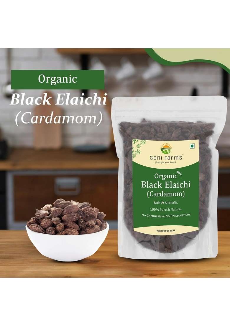 SONI FARMS Premium Organic Black Cardamom Black/Badi Elaichi Whole, 100% Natural, Whole Pods, Smoky Flavor, Freshly Harvested Ideal for Cooking, Chai, and Traditional Recipes, NO color added (50 Gm) - Indya