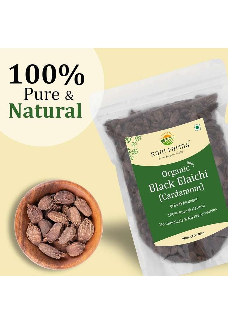 SONI FARMS Premium Organic Black Cardamom Black/Badi Elaichi Whole, 100% Natural, Whole Pods, Smoky Flavor, Freshly Harvested Ideal for Cooking, Chai, and Traditional Recipes, NO color added (50 Gm) - Indya