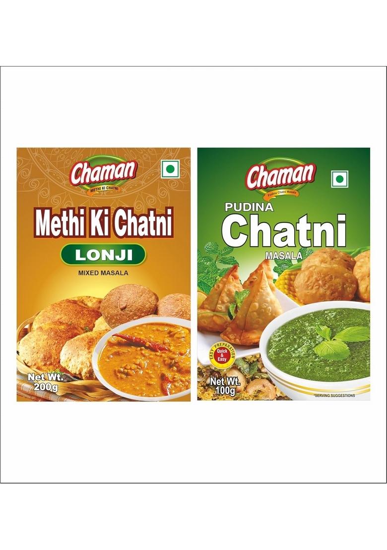 Chaman Masala Combo Pack Of 2 (Methi Chutney Longi 200G & Pudina Mix 100g) Tangy Methi Refreshing Pudhina | Authentic Indian Flavors for Snacks Meals Minty Freshness in Every Bite