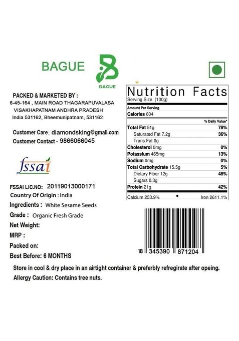 BAGUE Whole Raw Organic White Sesame Seeds til nuvvulu 100 Grams