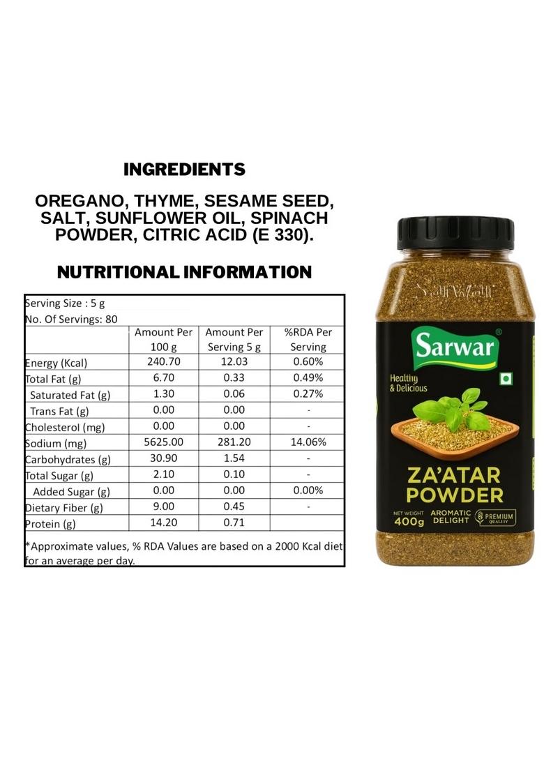 SARWAR Za atar Powder 400g Jar | Aromatic Middle Eastern Blend| spice mix| Authentic (Seasoning) Herb For Cooking| Blend