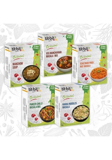 Tit-Bit No Onion Garlic Chinese Masala Combo - Schezwan Fried Rice Masala, Paneer Chilly Manchow Soup, Hakka Noodles & Veg Manchurian MIx Quick Easy to Make Pack of 5 (250gm)