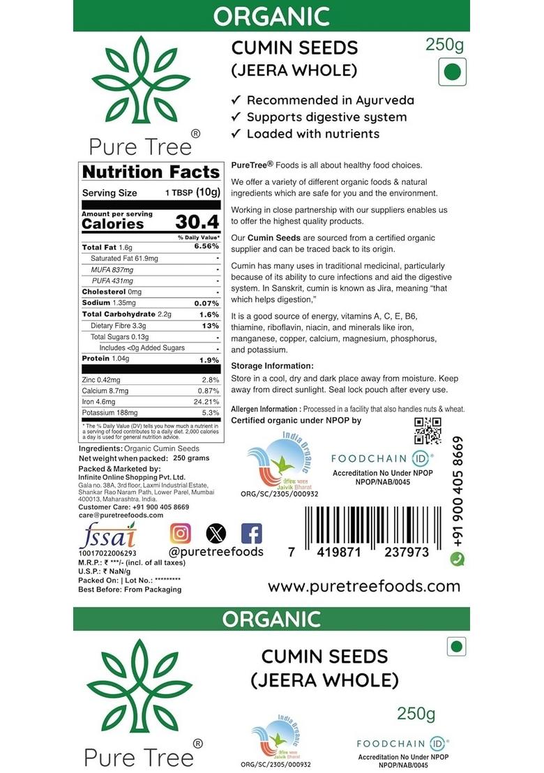 Pure Tree Certified Organic Jeera Seeds | 250 g Cumin Sabut Whole Spices Jeelakarra Zeera For Curries & Veg