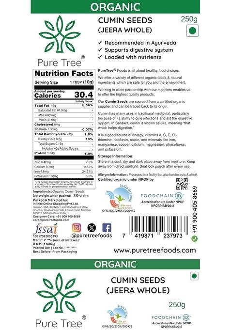 Pure Tree Certified Organic Jeera Seeds | 250 g Cumin Sabut Whole Spices Jeelakarra Zeera For Curries & Veg