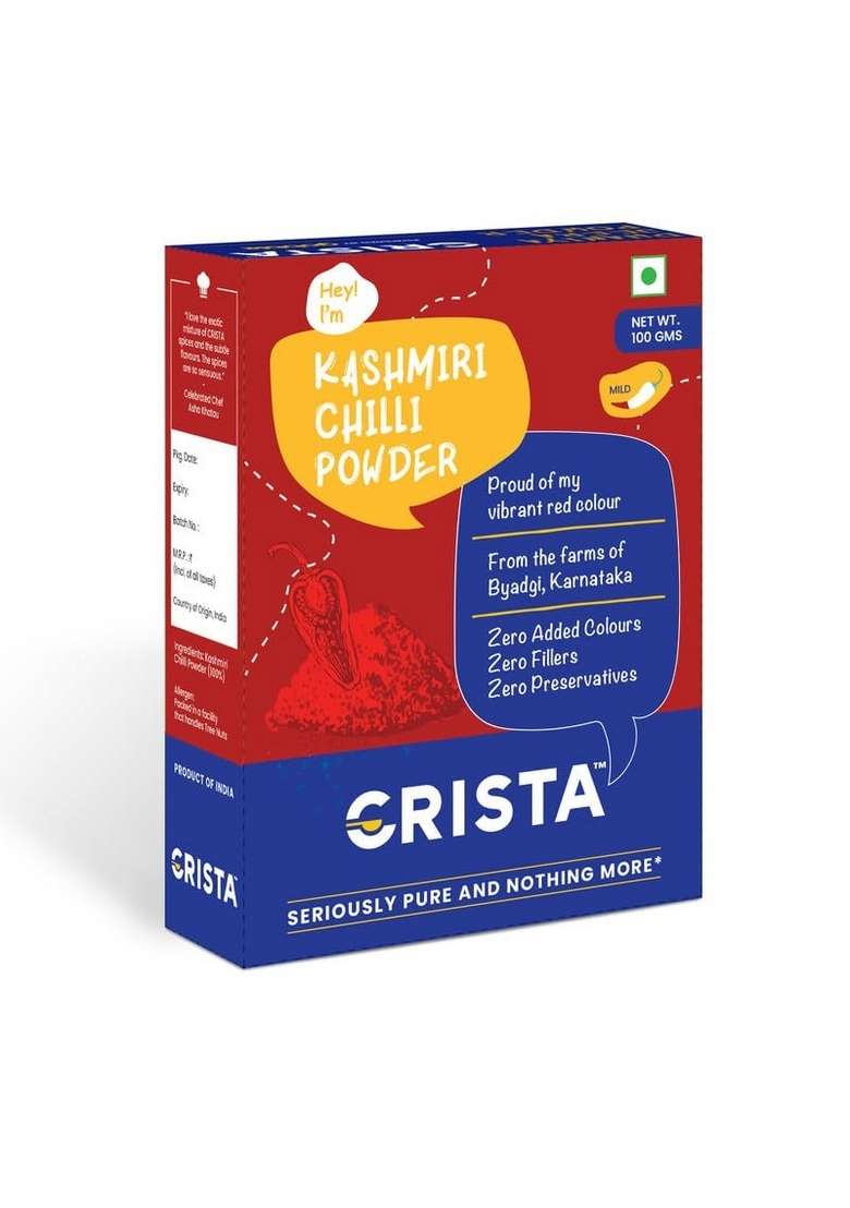 CRISTA Kashmiri Chilli Powder | Laal Mirch with Natural Oils Zero added Colours, Fillers, Additives & Preservatives Mild Spicy Grade Vibrant Red Colour 100 gms - Indya