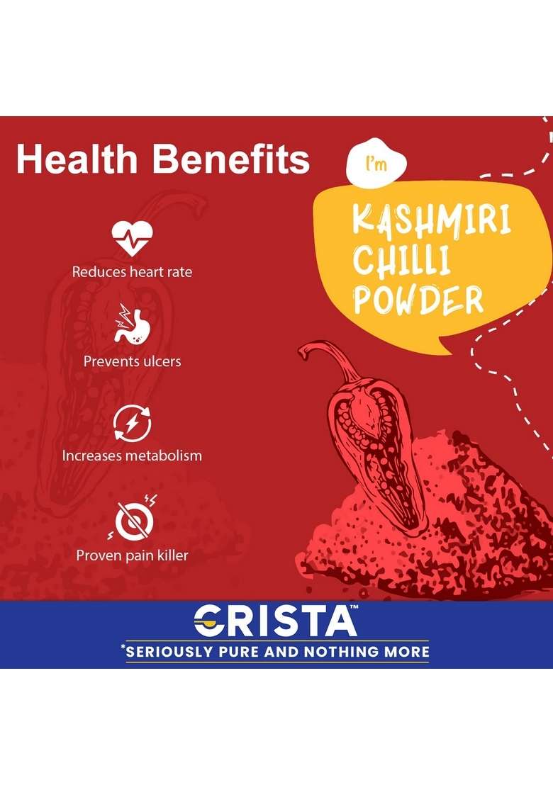 CRISTA Kashmiri Chilli Powder | Laal Mirch with Natural Oils Zero added Colours, Fillers, Additives & Preservatives Mild Spicy Grade Vibrant Red Colour 100 gms - Indya