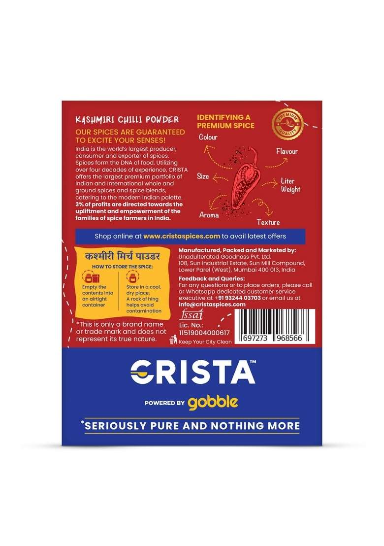 CRISTA Kashmiri Chilli Powder | Laal Mirch with Natural Oils Zero added Colours, Fillers, Additives & Preservatives Mild Spicy Grade Vibrant Red Colour 100 gms - Indya