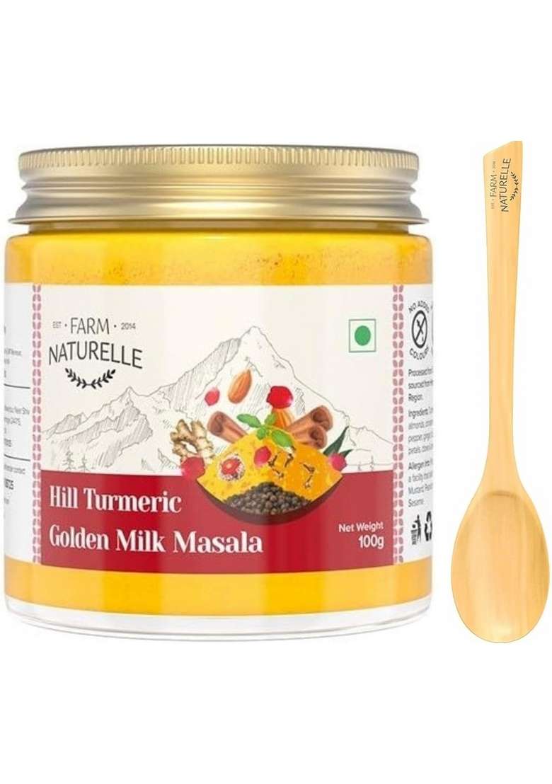 Farm Naturelle Naturelle-Golden Milk Masala Himalayan Turmeric latte Powder with Natural & Immunizing Spice Blend Turmeric, Almonds, Cinnamon, Ginger , Cloves Ashwagandha Ground Balck Pepper - 100 Gms, Spoon - Indya