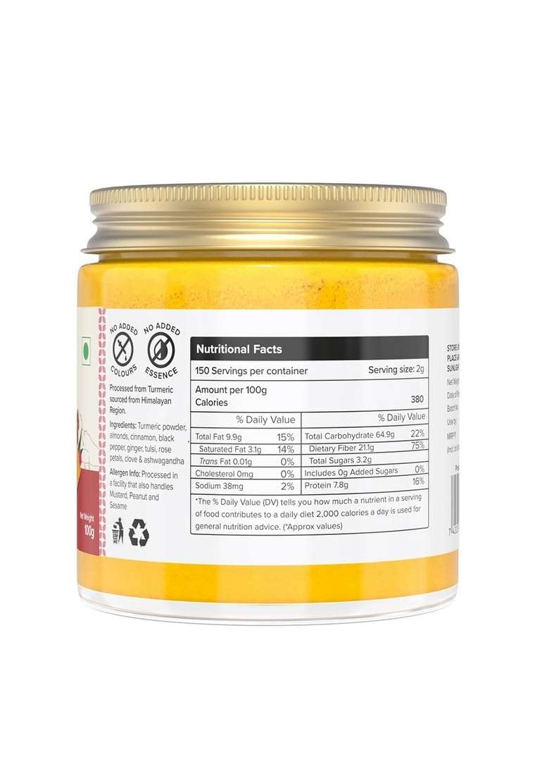 Farm Naturelle Naturelle-Golden Milk Masala Himalayan Turmeric latte Powder with Natural & Immunizing Spice Blend Turmeric, Almonds, Cinnamon, Ginger , Cloves Ashwagandha Ground Balck Pepper - 100 Gms, Spoon - Indya