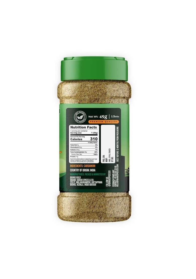 Idukki Spices & Co. Green Cardamom Seed Powder (Elaichi Powder), Only Seeds No Husk | Sprinkler (Easy to Use) 45g - Indya